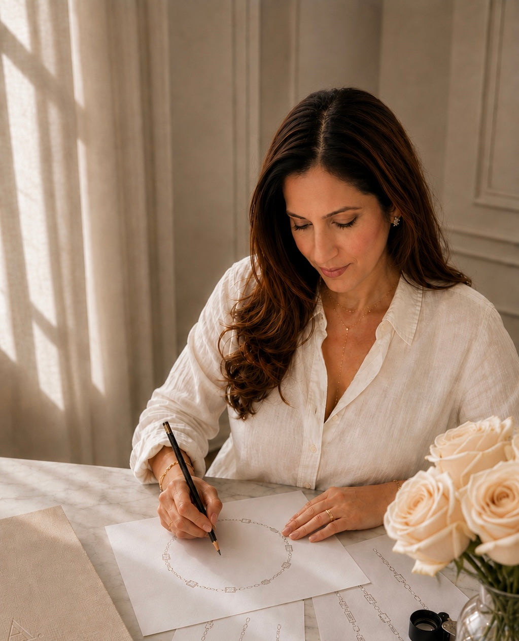 A. Atelier founder Aisha Sawal sketching a necklace design while wearing fine jewelry.